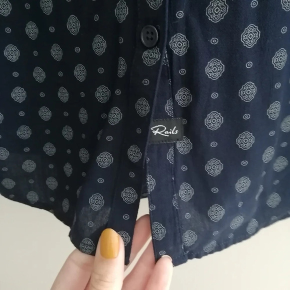 Rails Abby Rayon Button Up Blouse with Neck Tie Navy Floulard Print Small - Picture 9 of 16